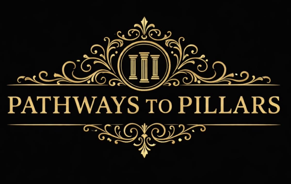 Pathways to Pillars gold three-pillars crest on black